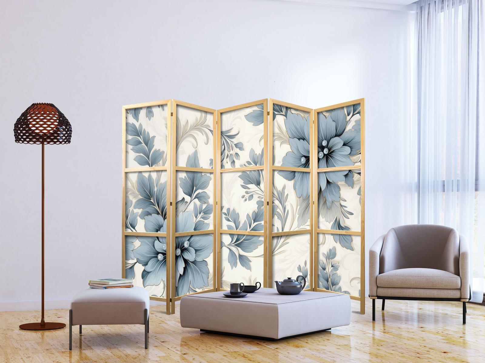 Japanischer Paravent - Turquoise Flowers in Retro Ambiance - Floral Ornaments Artgeist