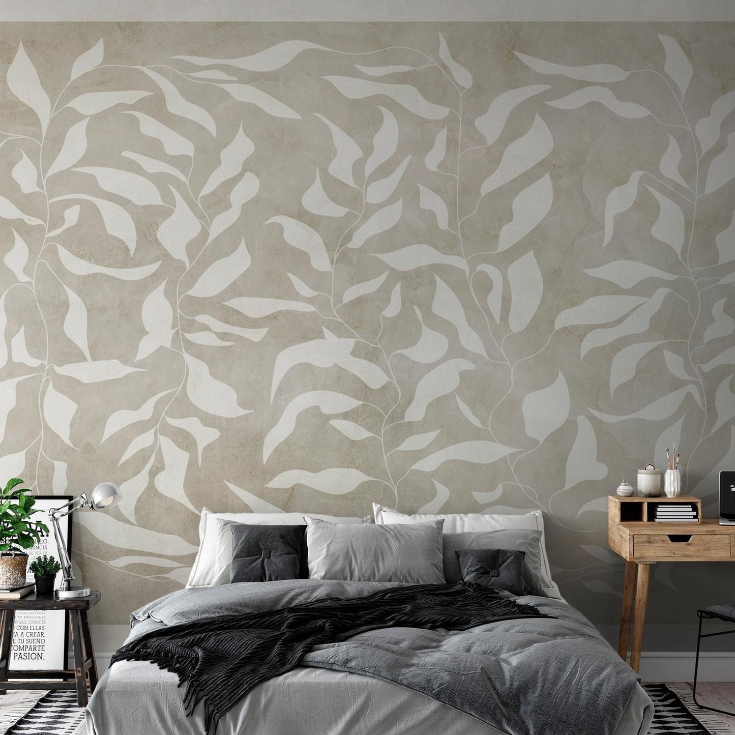 Fototapete - White leaves - abstract plant motif on beige background with frame Artgeist