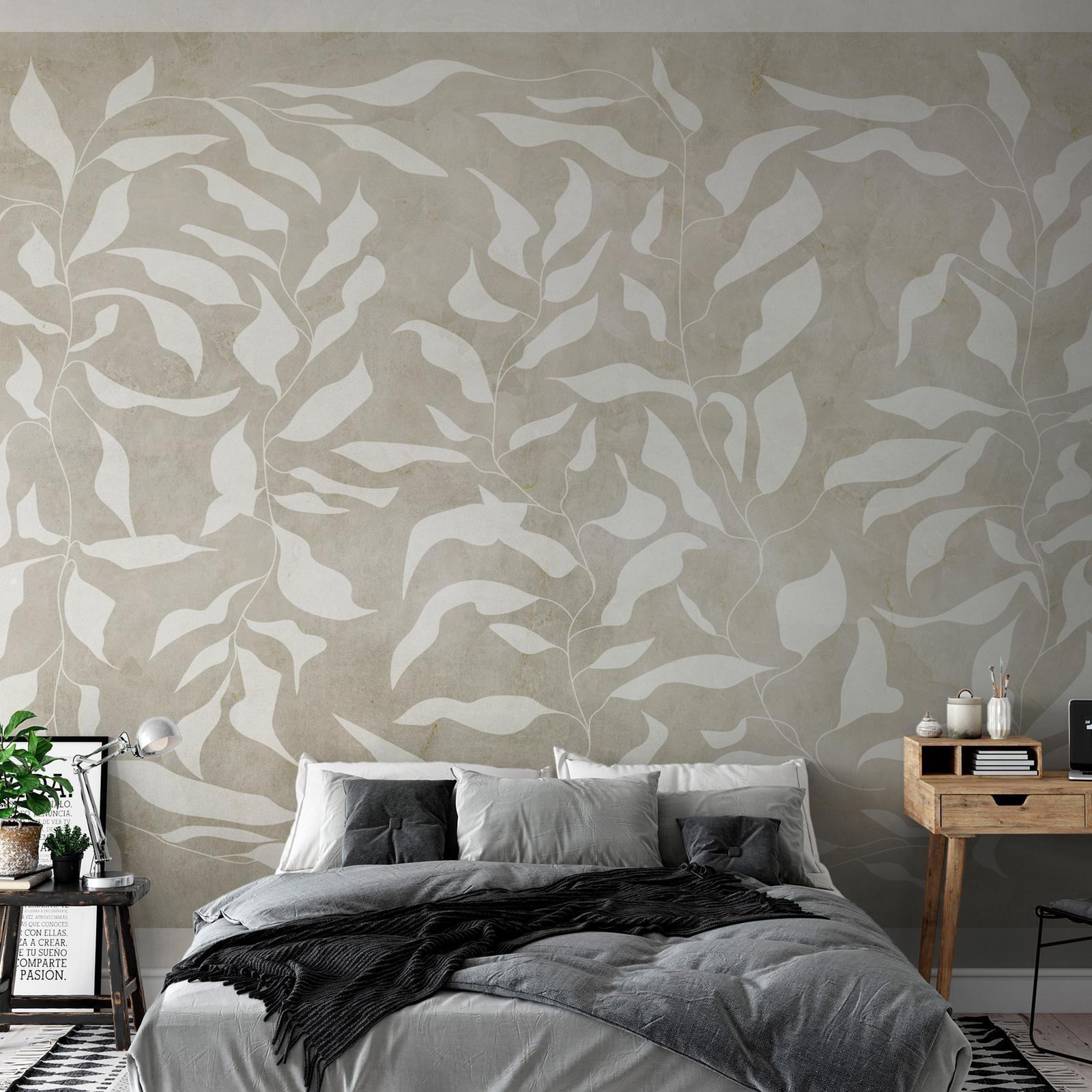 Fototapete - White leaves - abstract plant motif on beige background with frame Artgeist