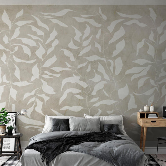 Fototapete - White leaves - abstract plant motif on beige background with frame Artgeist
