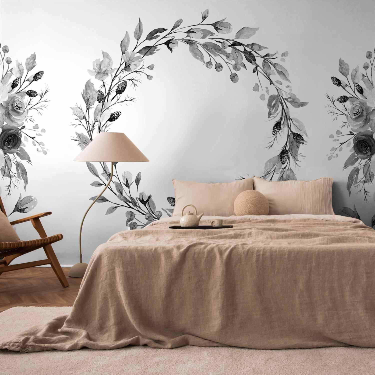 Fototapete - Romantic wreath - grey plant motif with leaves with rose pattern Artgeist