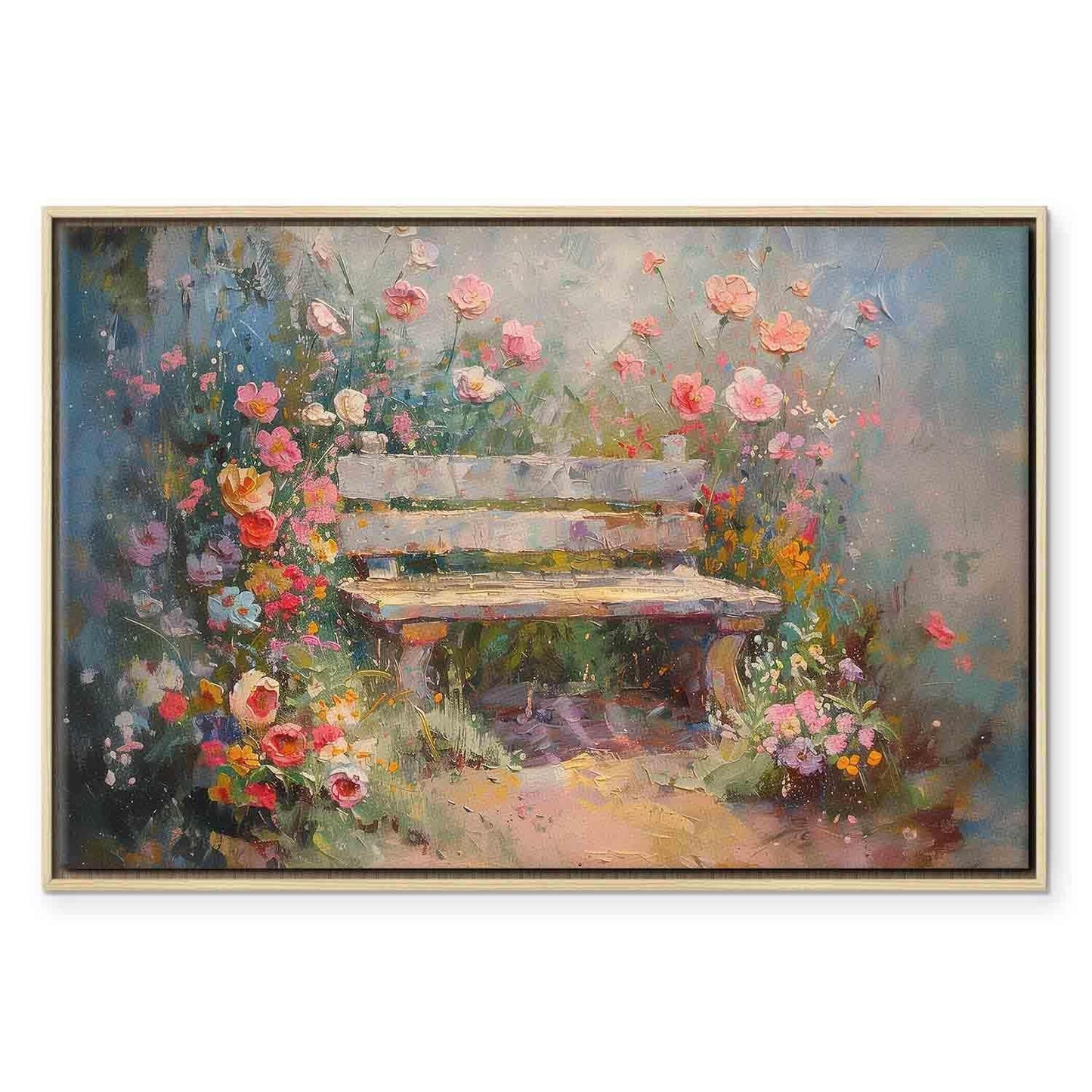 Leinwandbild - Flowery bench - impressionist painting full of flowers