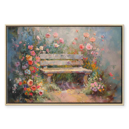 Leinwandbild - Flowery bench - impressionist painting full of flowers