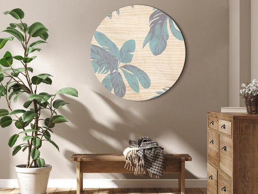 Rundes Bild - Palm trees behind the mist - Showy palm leaves in a soft shade of green on a slightly wavy sand background