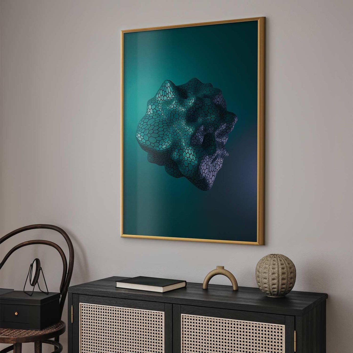 Modern abstract "Poster - Gamma" in elegant gold frame on a stylish interior wall.