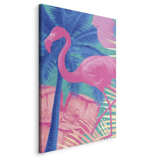 Leinwandbild - Pink Flamingo - Abstract Flamingo Against Palms and Ice Cubes Artgeist