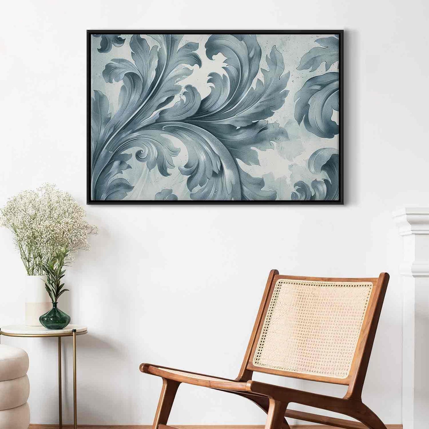 Leinwandbild - Stone Baroque Ornaments in Light Shades of Gray-Blue