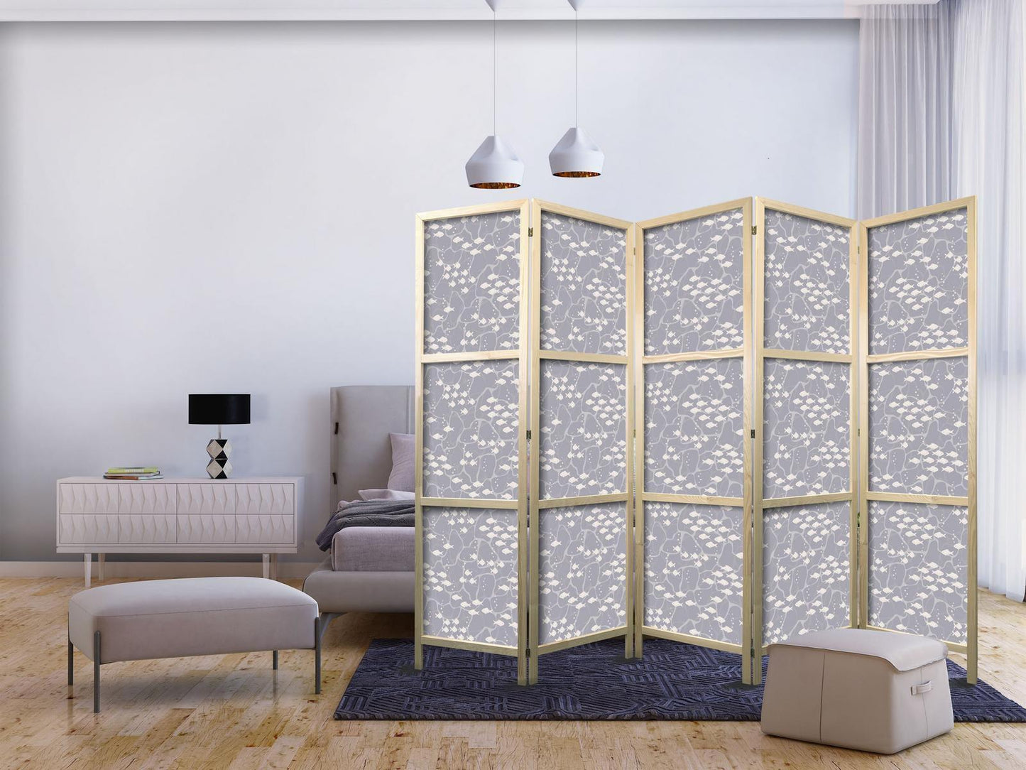 Japanischer Paravent - Underwater Shoal of Small Fish - Tiny Light-Beige Fish on the Background of Oceanic Depths in Gray Shades