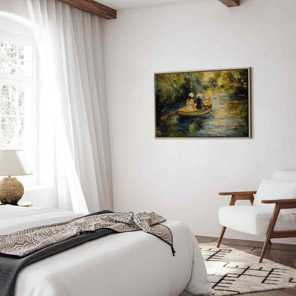 Leinwandbild - Boat crossing - painting of two women sailing a boat on a river