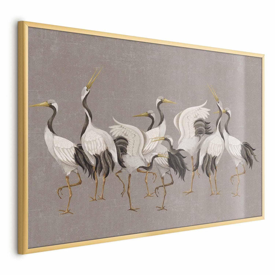 Poster - Crane Dance - light bird silhouettes on a warm-gray textured background Artgeist