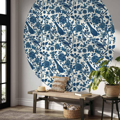 Runde Fototapete - Birds and roses - monochrome blue pattern with botanical motif