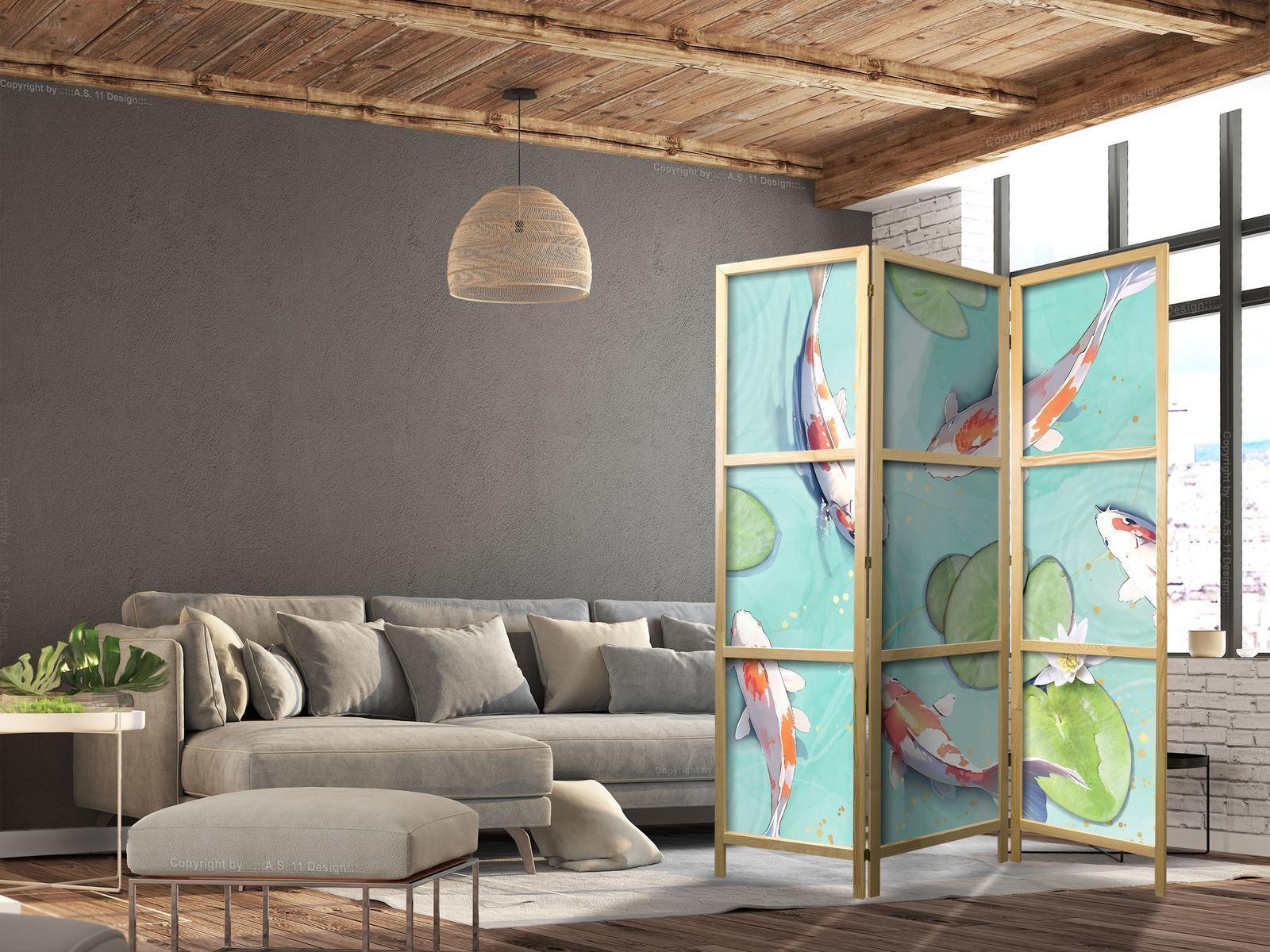 Japanischer Paravent - Spectacular Fish - White-Orange Koi Fish Swimming in Crystal Clear Water with Water Lilies Artgeist