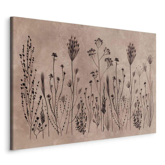 Leinwandbild - Wildflowers – black plants on lime-wash background