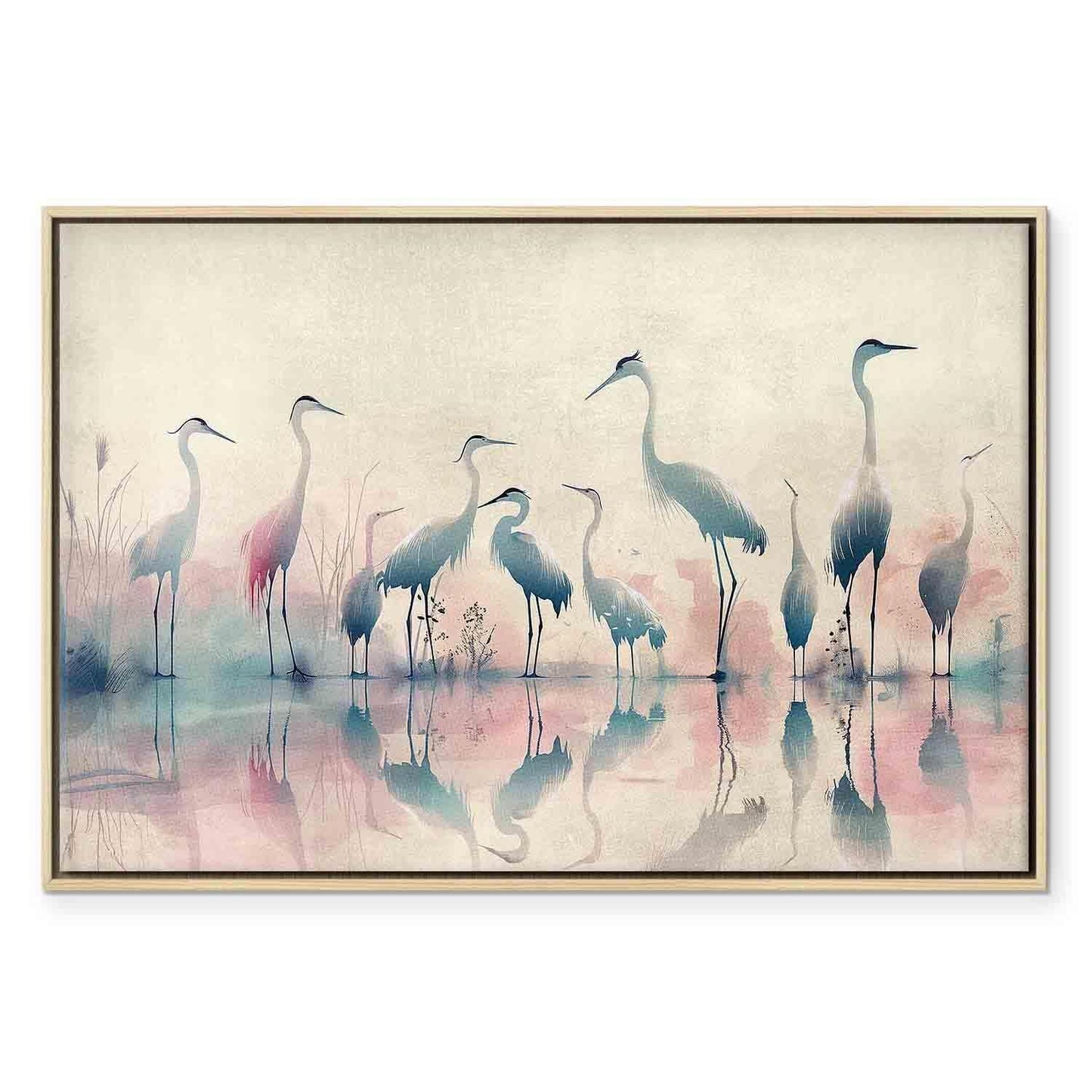 Leinwandbild - Birds by the lake - herons painted in watercolour in delicate grey and pink colours