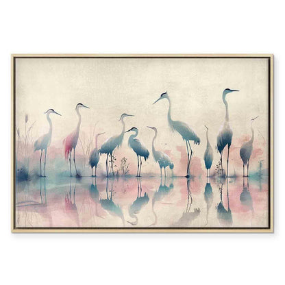 Leinwandbild - Birds by the lake - herons painted in watercolour in delicate grey and pink colours