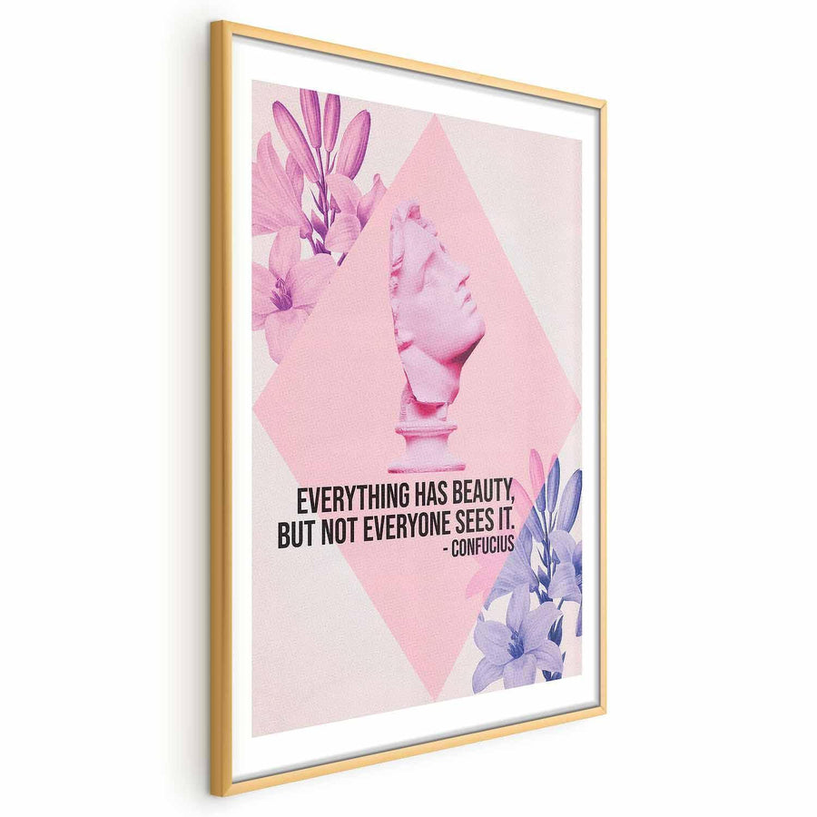 Poster - Confucius on Beauty - a bust in pink with flowers and a quote Artgeist