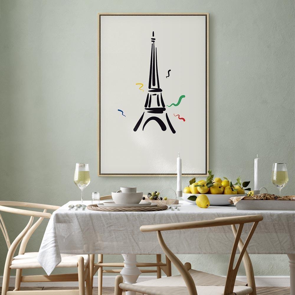 Leinwandbild - Black Graphic Drawing of the Eiffel Tower on a Cream Background