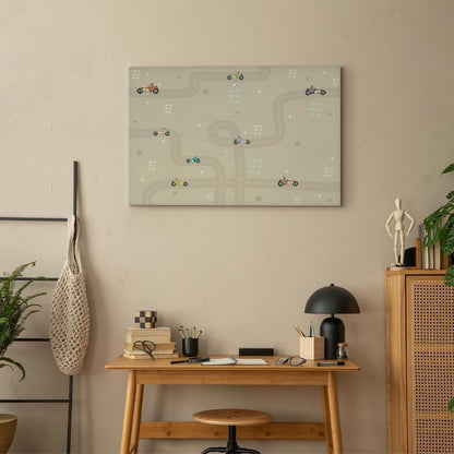 Leinwandbild - Race - Colorful Cars on a Road on a Beige Background with Inscriptions