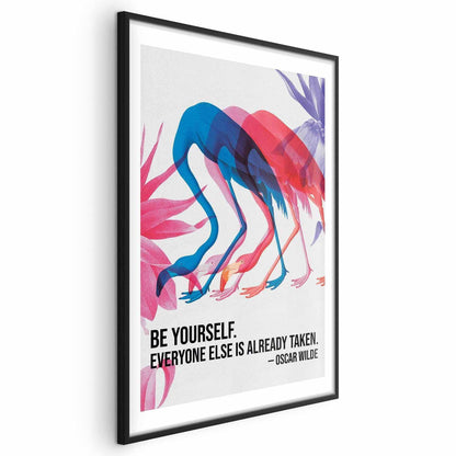 Poster - Colorful Repetition - three flamingo silhouettes with an inspiring quote Artgeist