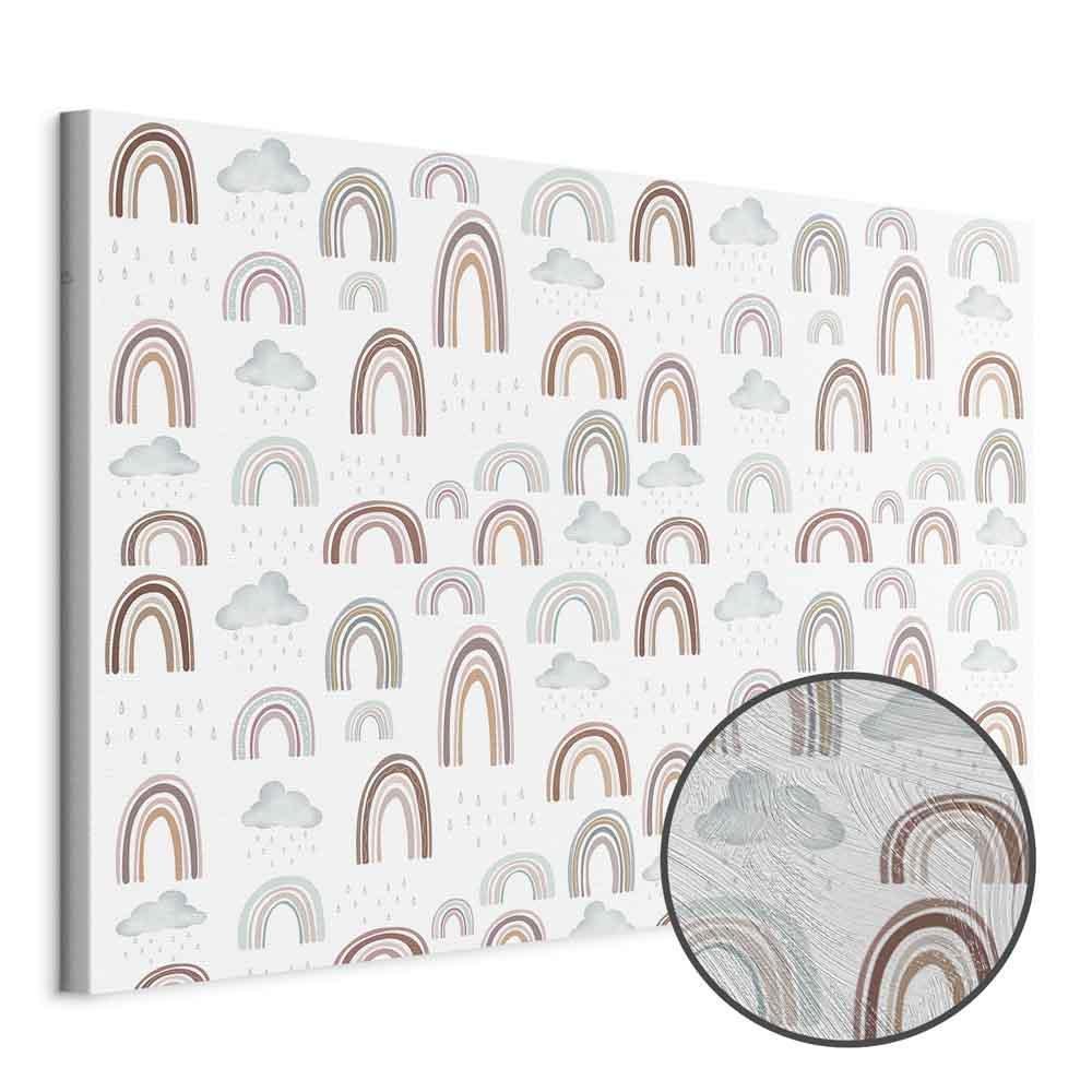 Leinwandbild - Rainbows After the Storm - Rainbows of Various Sizes in Pastel Hues Among Rain Clouds in a Gray-Blue Shade