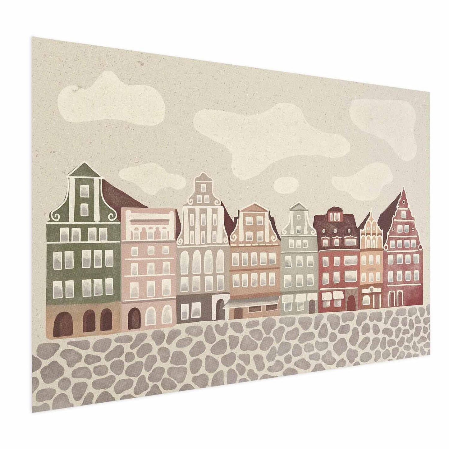 Poster featuring colorful facades of historic Wrocław tenement houses against a sky and cobblestone street.