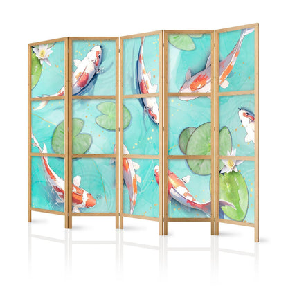 Japanischer Paravent - Spectacular Fish - White-Orange Koi Fish Swimming in Crystal Clear Water with Water Lilies Artgeist