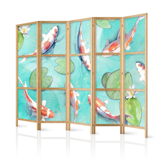 Japanischer Paravent - Spectacular Fish - White-Orange Koi Fish Swimming in Crystal Clear Water with Water Lilies Artgeist