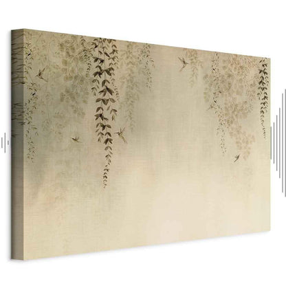 Leinwandbild - Spring Orchard - Hummingbirds Among Tree Branches in Beige Shades