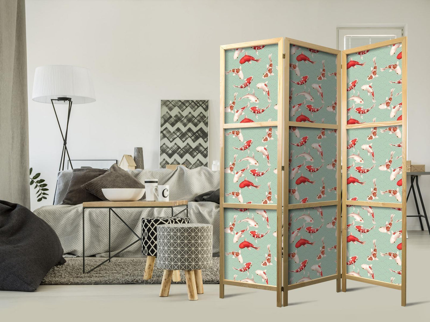 Japanischer Paravent - Fish and Japanese Pattern - Koi Fish in Orange-Cream Colors on a Green-Mint Background with an Oriental Pattern Artgeist
