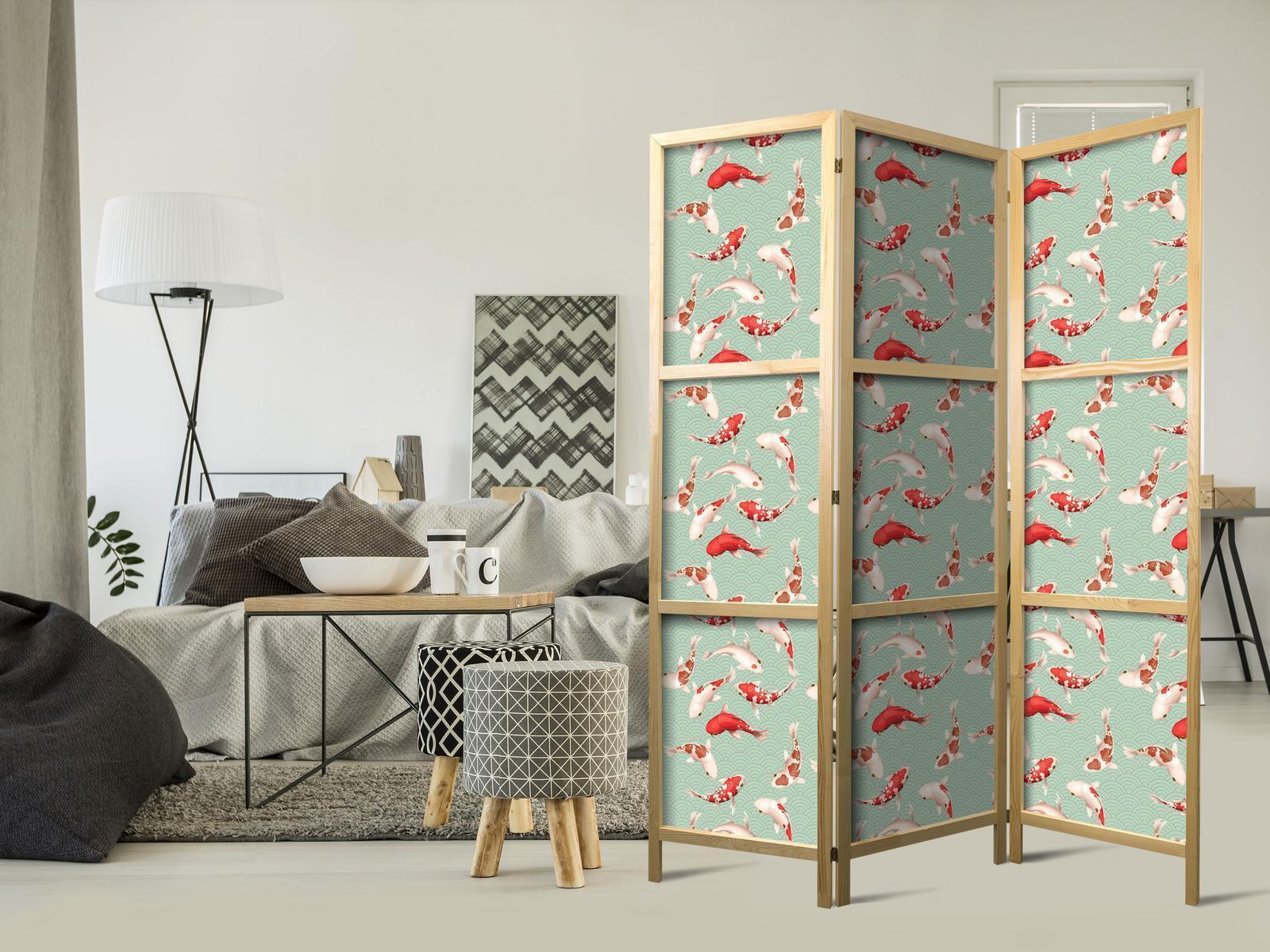 Japanischer Paravent - Fish and Japanese Pattern - Koi Fish in Orange-Cream Colors on a Green-Mint Background with an Oriental Pattern Artgeist