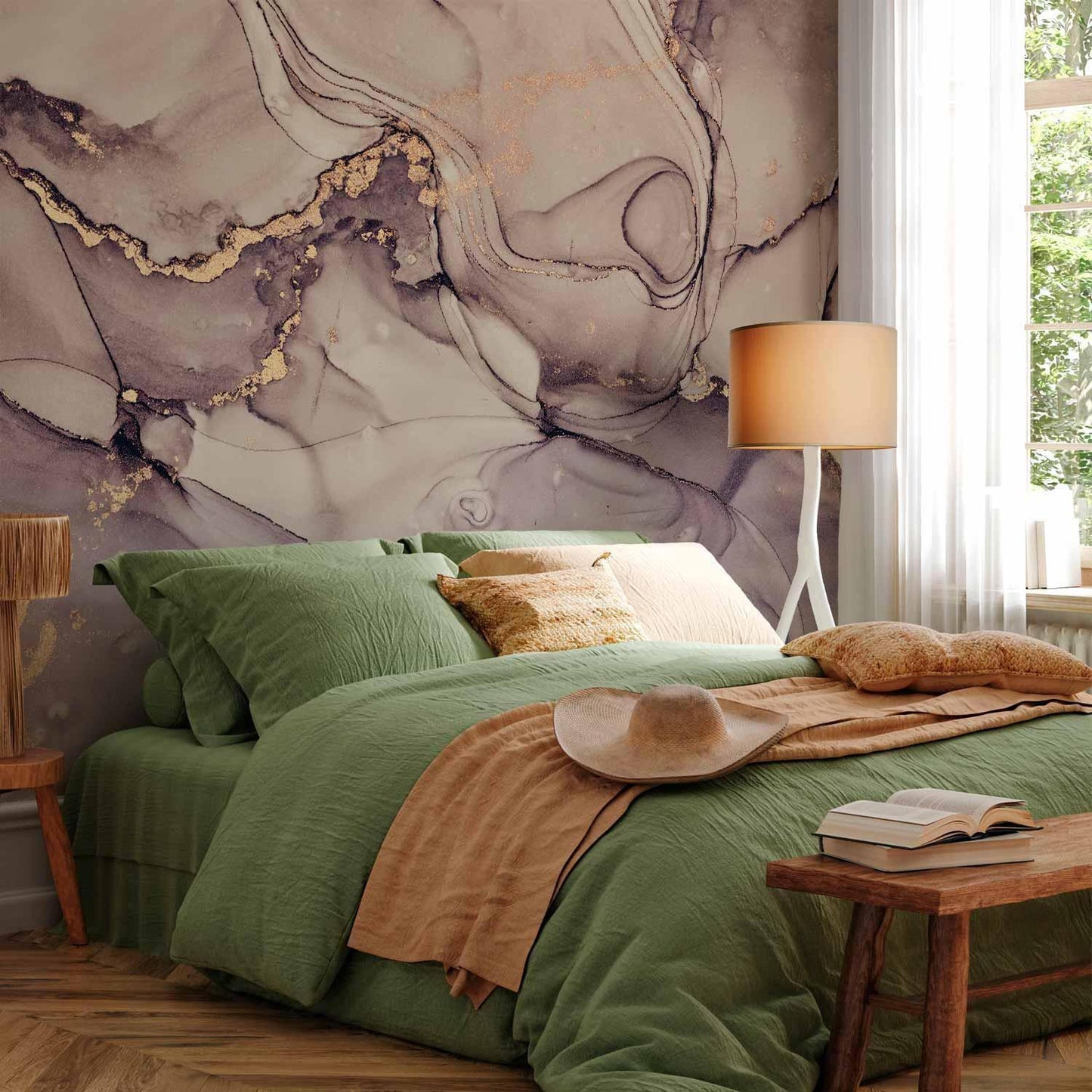 Fototapete - Watercolour Abstraction - Powder Pink Marble With Gold Accents