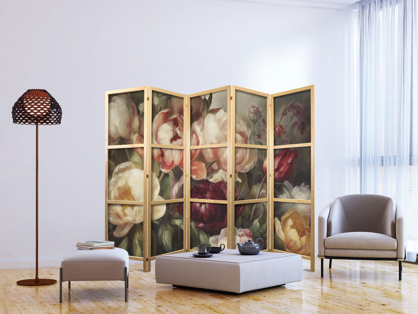 Japanischer Paravent - Blooming Peonies - Charismatic Flowers Bathed in Sunlight Artgeist