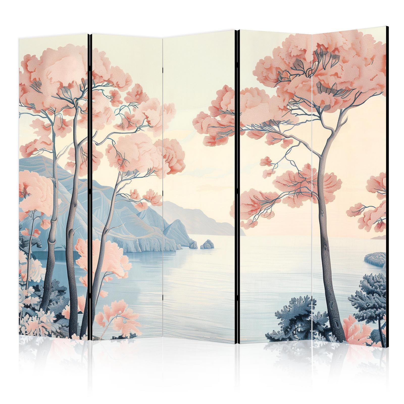 Paravent - Landscape with the Ocean - Cliffs - and Trees in Delicate Pink Shades Artgeist