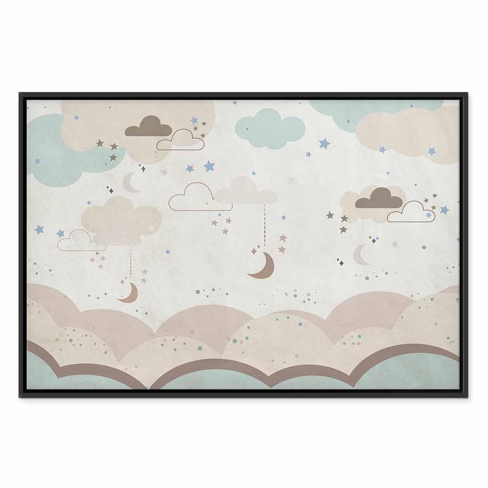Leinwandbild - Cloudy Night Sky - Moons in Brown and Beige Hues Among Clouds and Numerous Little Stars on a Light Background