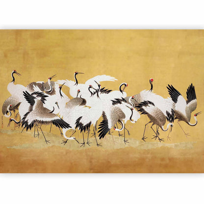 Fototapete - Japanese cranes - a flock of birds against a golden background based on a painting by Ishida Yūtei