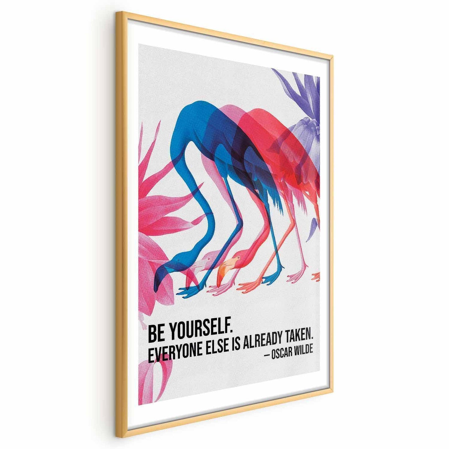 Poster - Colorful Repetition - three flamingo silhouettes with an inspiring quote Artgeist