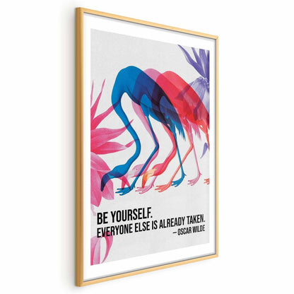 Poster - Colorful Repetition - three flamingo silhouettes with an inspiring quote Artgeist