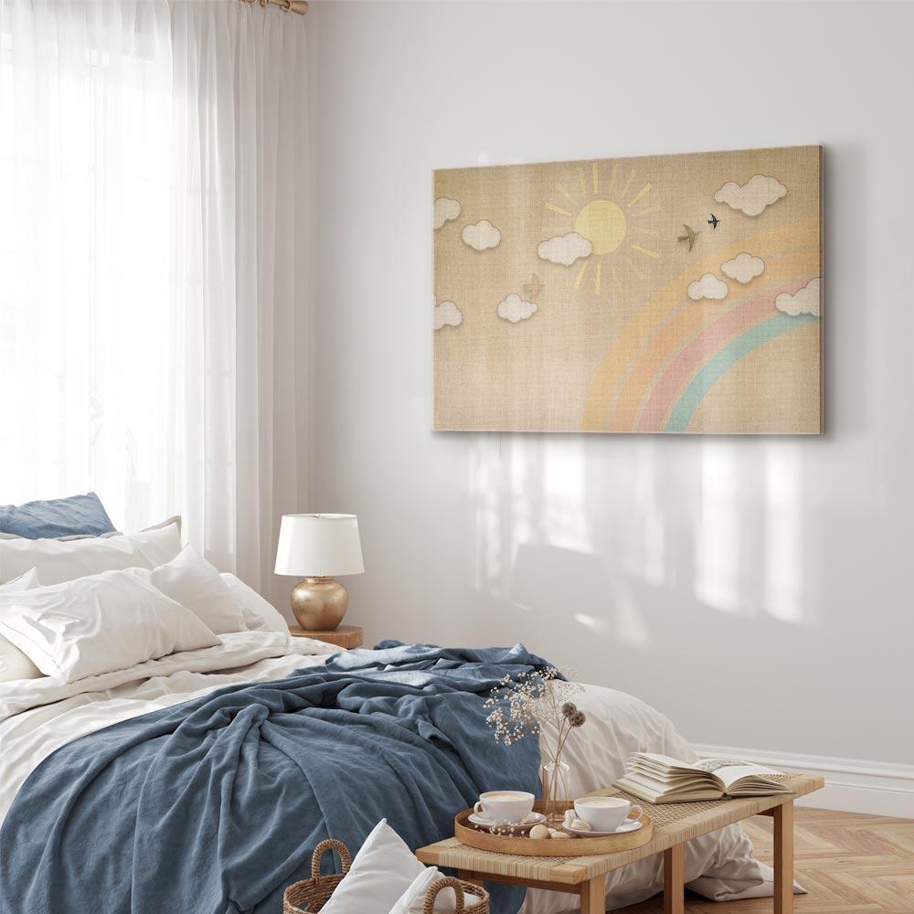 Leinwandbild - Holiday Sky - Sunny Day with a Rainbow and Flying Birds