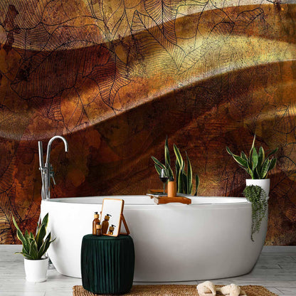 Fototapete - Liquid gold - abstract wavy composition with leaf patterns