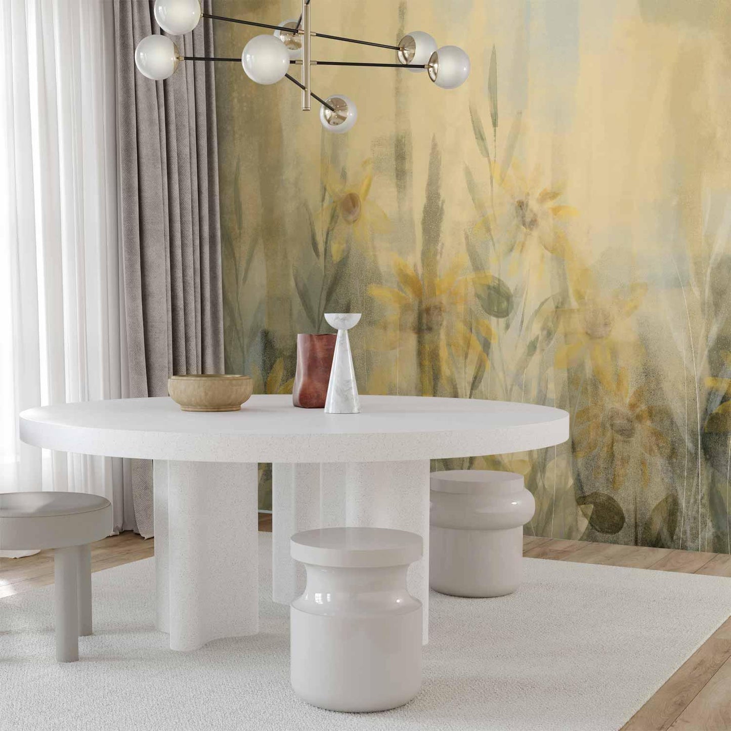 Fototapete - A touch of summer - floral motif with a meadow full of yellow flowers and grasses