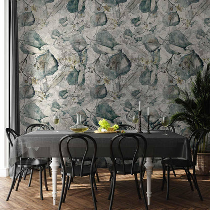 Fototapete - Autumn souvenirs - cool grey floral pattern with leaves