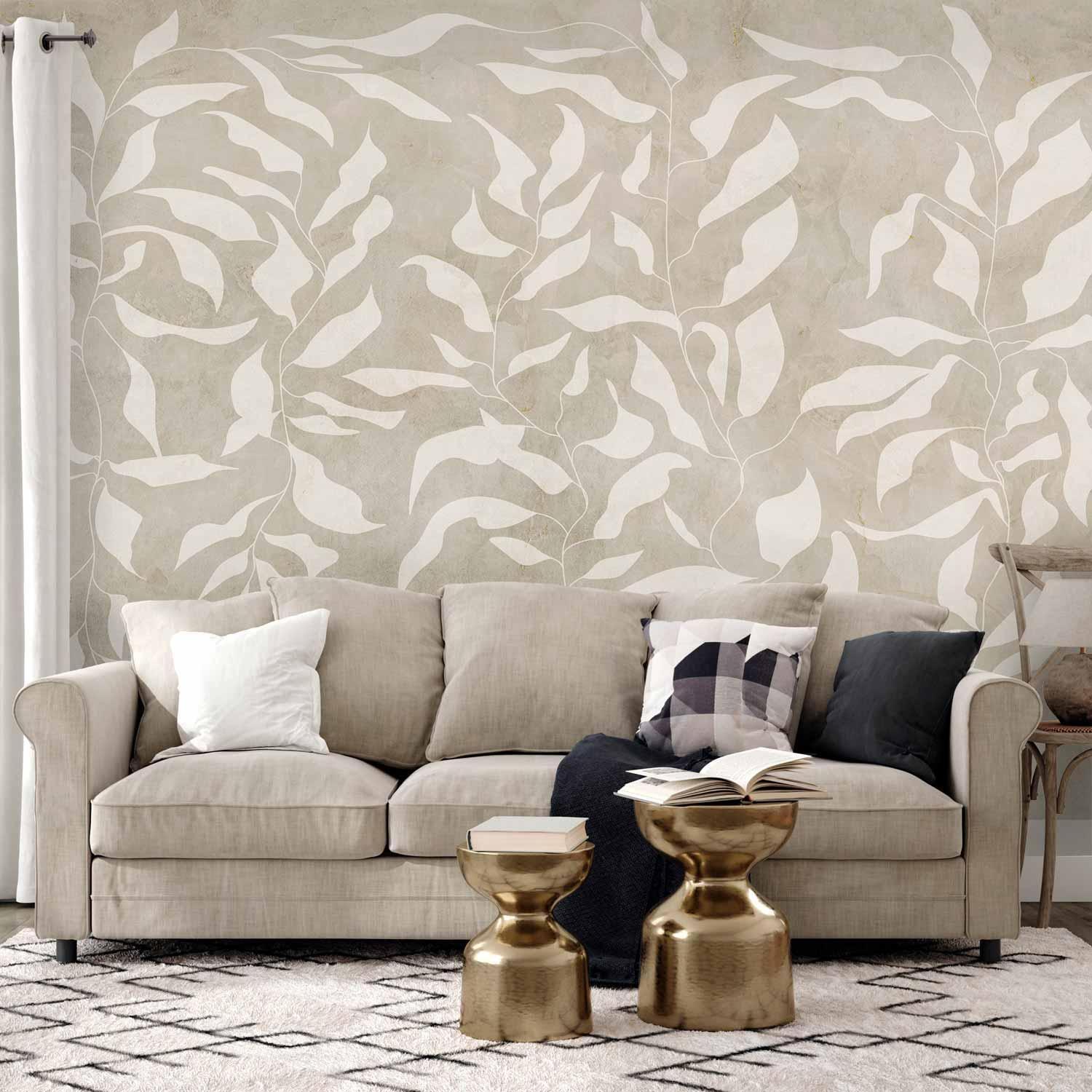 Fototapete - White leaves - abstract plant motif on beige background with frame Artgeist