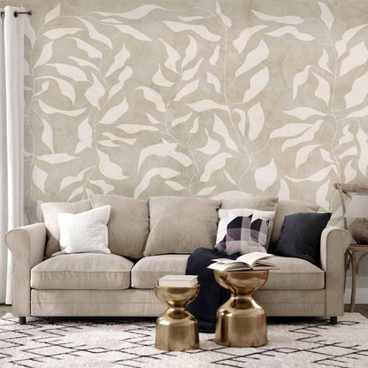 Fototapete - White leaves - abstract plant motif on beige background with frame Artgeist