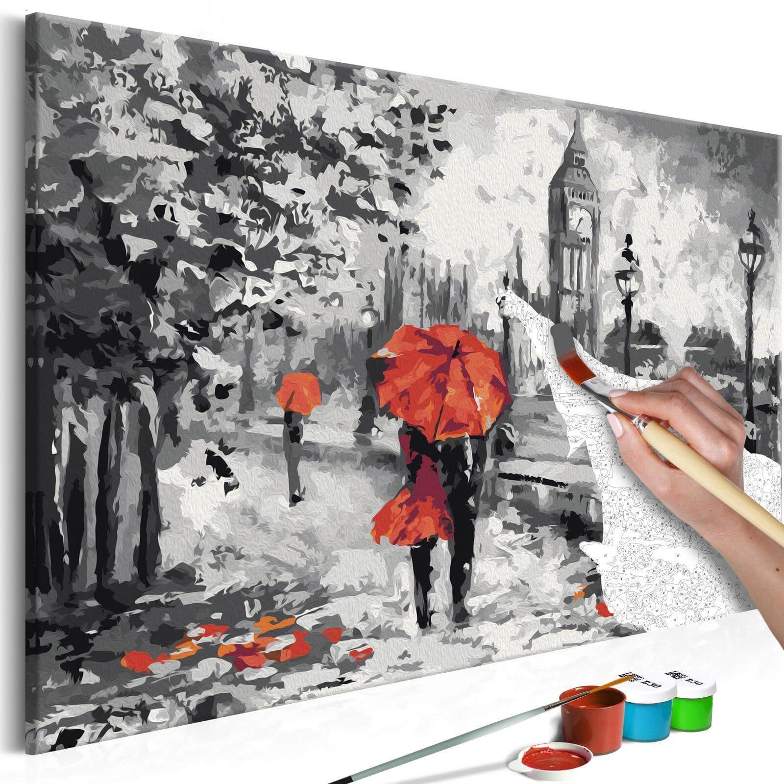 Wandbild zum Ausmalen Aus London mit Liebe - Romantisches London Malen nach Zahlen Set mit Leinwand, Farben und Pinseln
