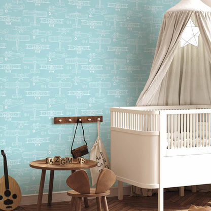 Tapete - Sketch - Outline of an airplane in white on a turquoise background