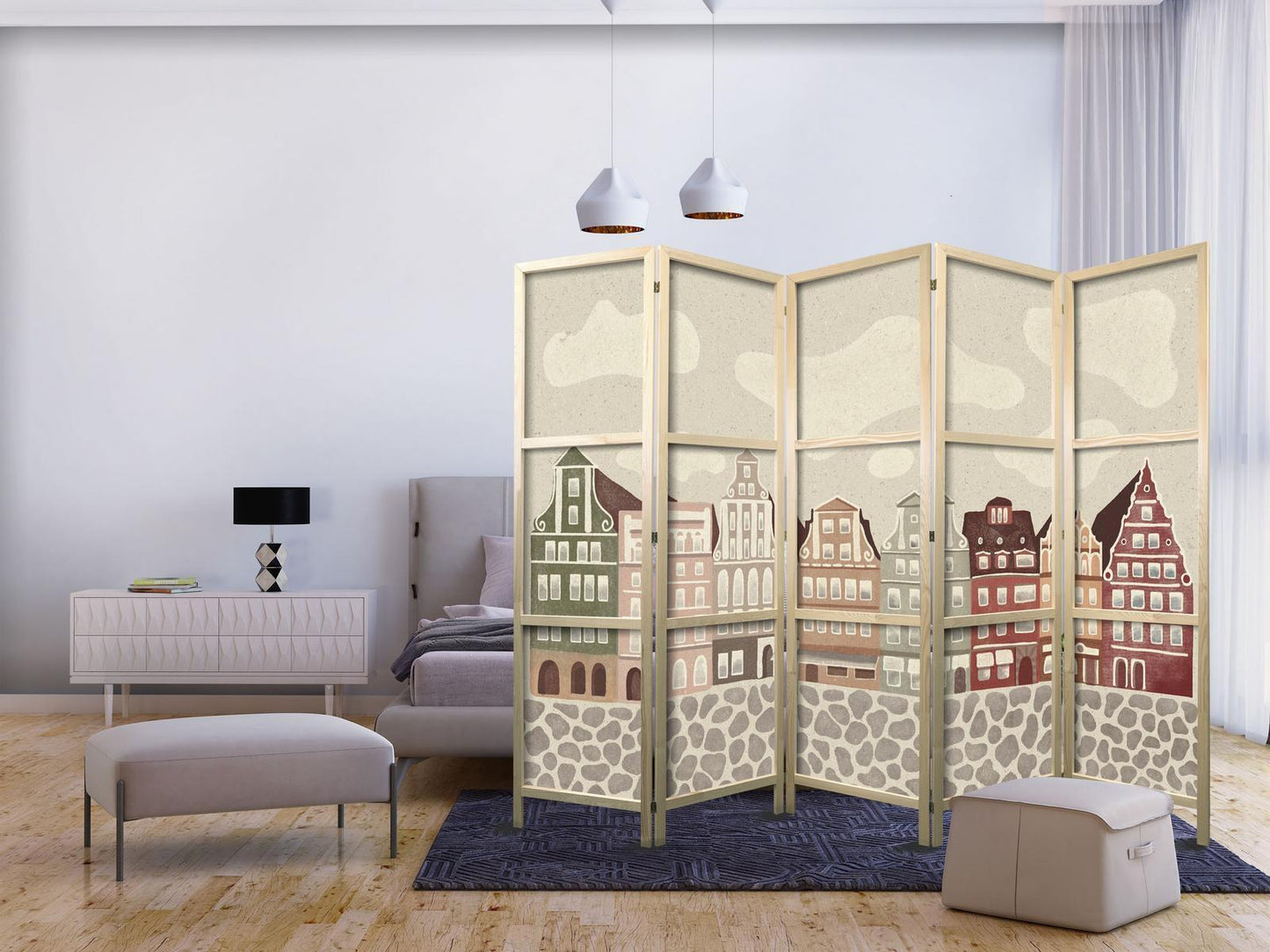 Japanischer Paravent - Solny Square - Colorfully Illustrated Townhouses Against a Sky with Clouds