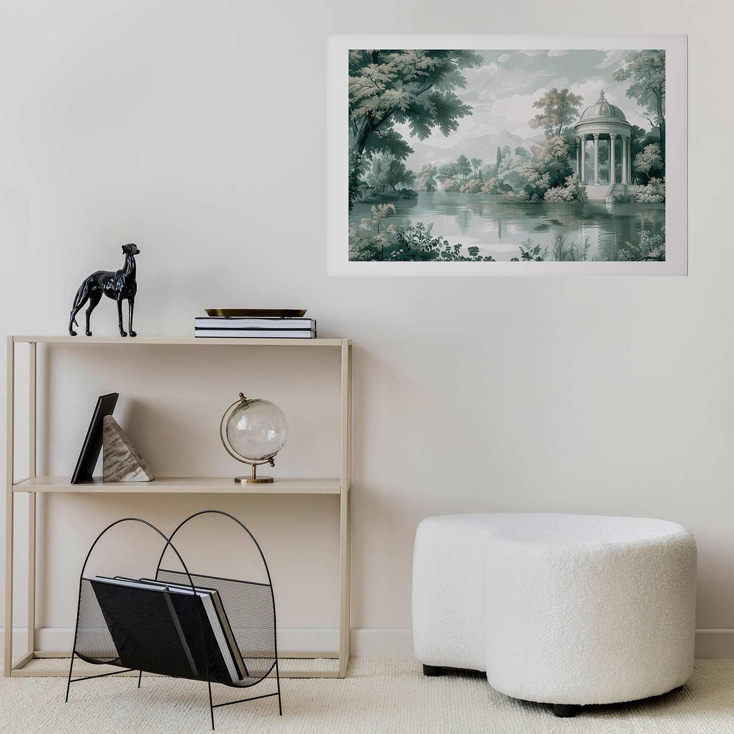 Retro greens landscape poster featuring a park and lake, enhancing interior decor.