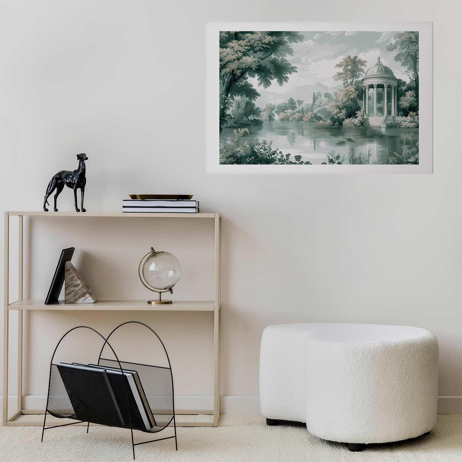 Retro greens landscape poster featuring a park and lake, enhancing interior decor.