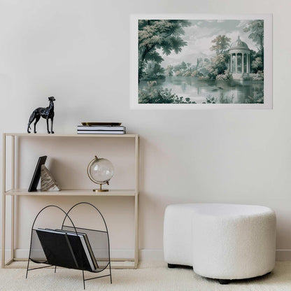 Retro greens landscape poster featuring a park and lake, enhancing interior decor.