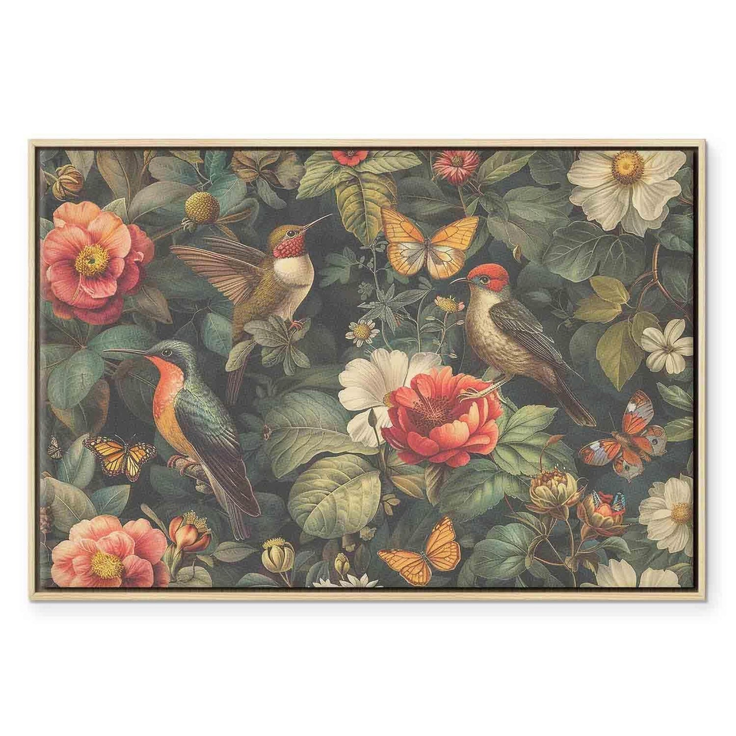 Leinwandbild - Flowers, birds and butterflies – vintage-style illustration